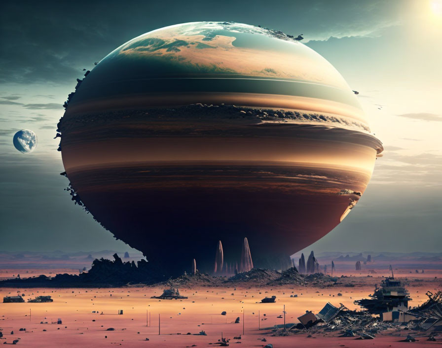 Futuristic sci-fi landscape with massive planet, desert surface, and celestial body