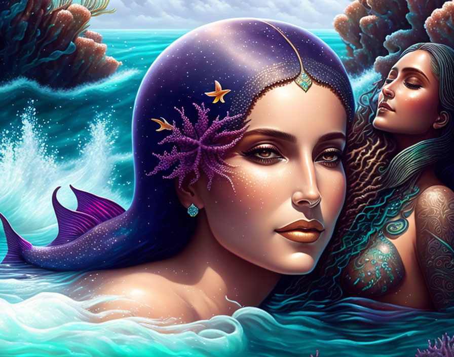 Mermaids with cosmic and aquatic features in surreal ocean landscape