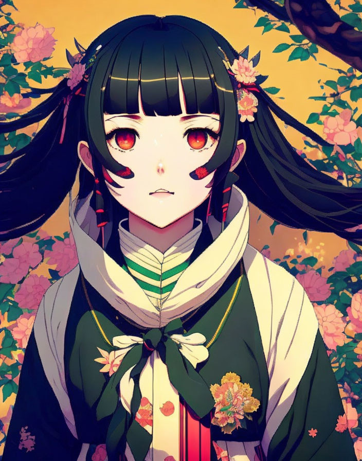 Black-Haired Anime Girl in Traditional Outfit with Yellow Eyes among Pink Flowers