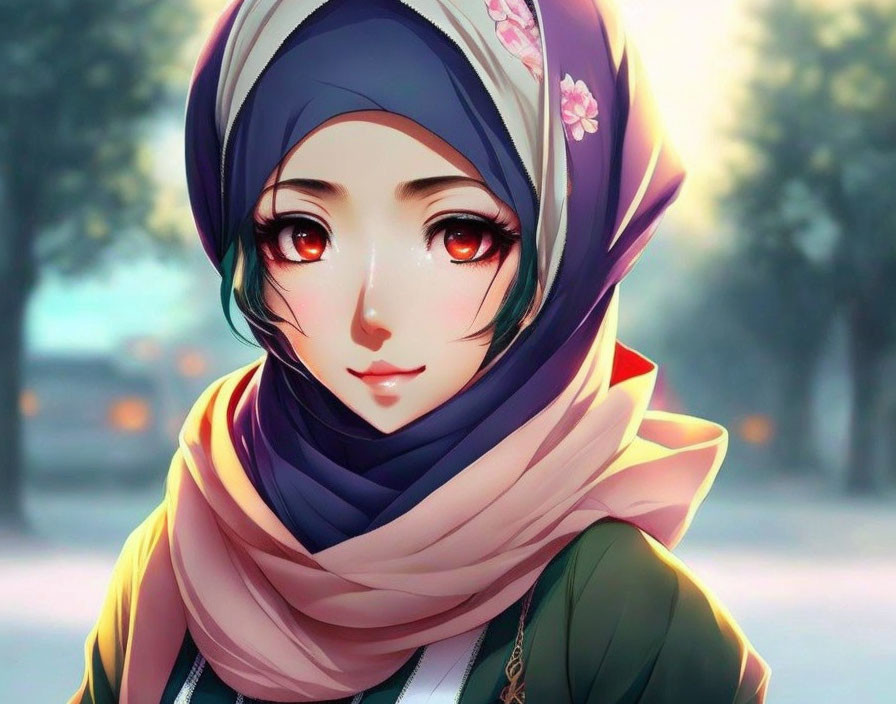 Anime-style illustration of young woman in colorful hijab with red eyes, smiling in serene outdoor setting