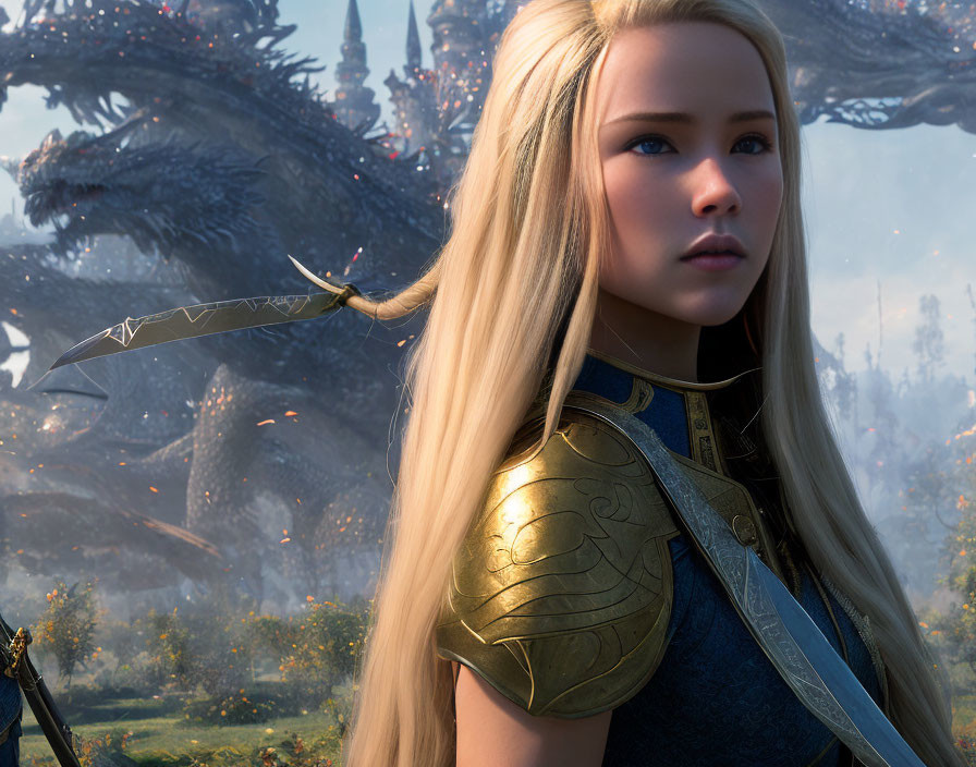 Blonde elf warrior faces dragon in enchanted forest