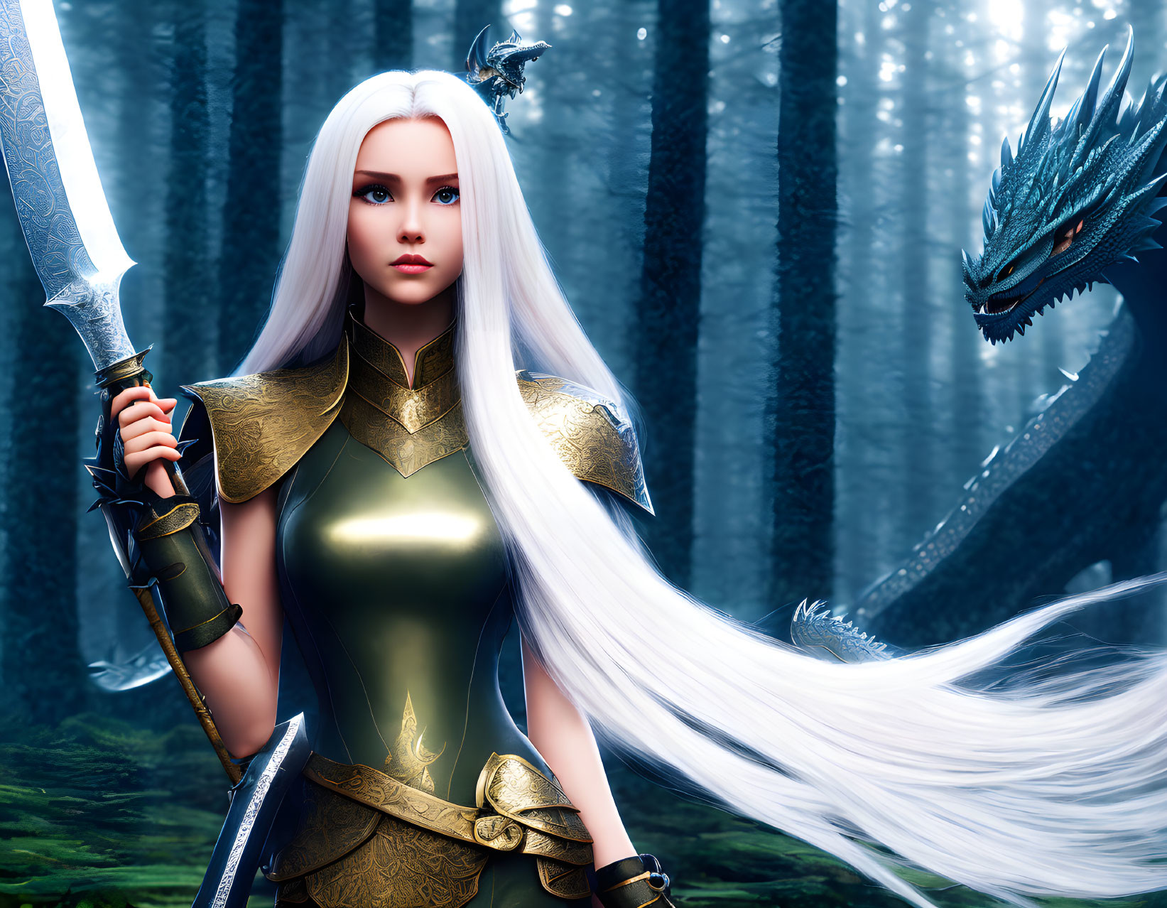 Female warrior in golden armor faces blue dragon in mystical forest