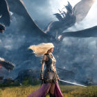 Warrior woman watches dragons battle over medieval castle in fiery exchange