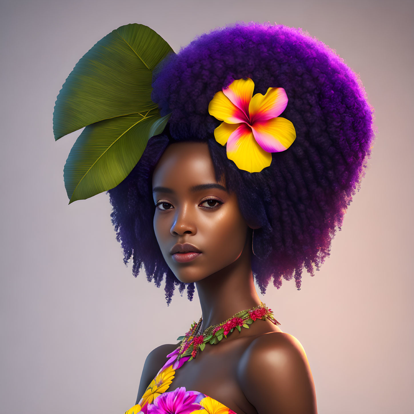 Digital artwork featuring woman with purple afro hair, tropical leaf, yellow flower, and floral necklace