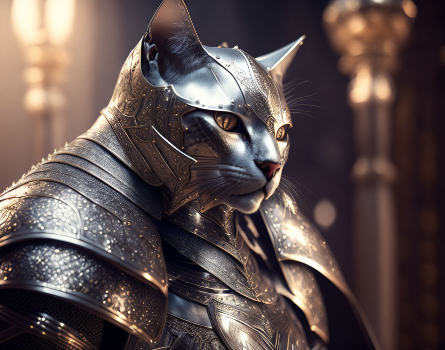 Anthropomorphic cat in ornate medieval armor with intricate designs and warm glow