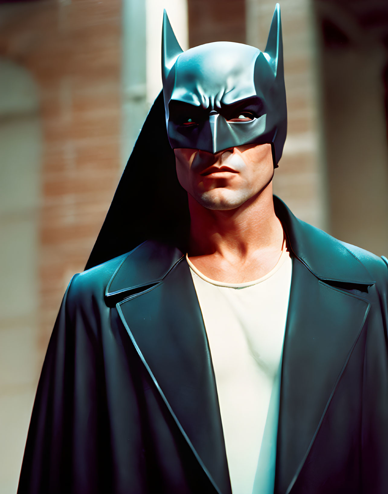 Person in Batman costume with cowl and cape against architectural backdrop