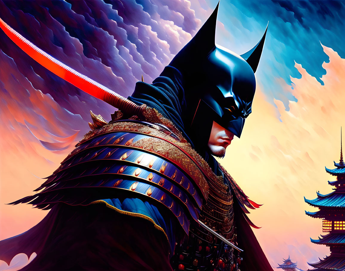 Illustration of Batman in samurai armor with Asian pagodas and dramatic sky