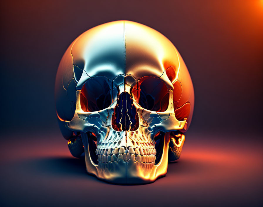 Digital artwork: Human skull with chrome surface, orange and blue lighting effects