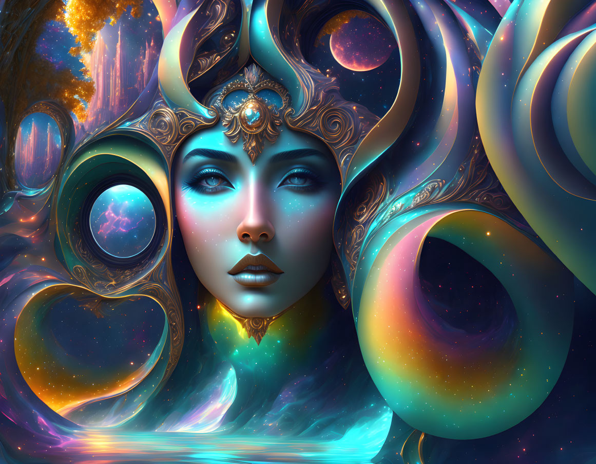 Colorful digital artwork of woman with ornate crown and cosmic patterns