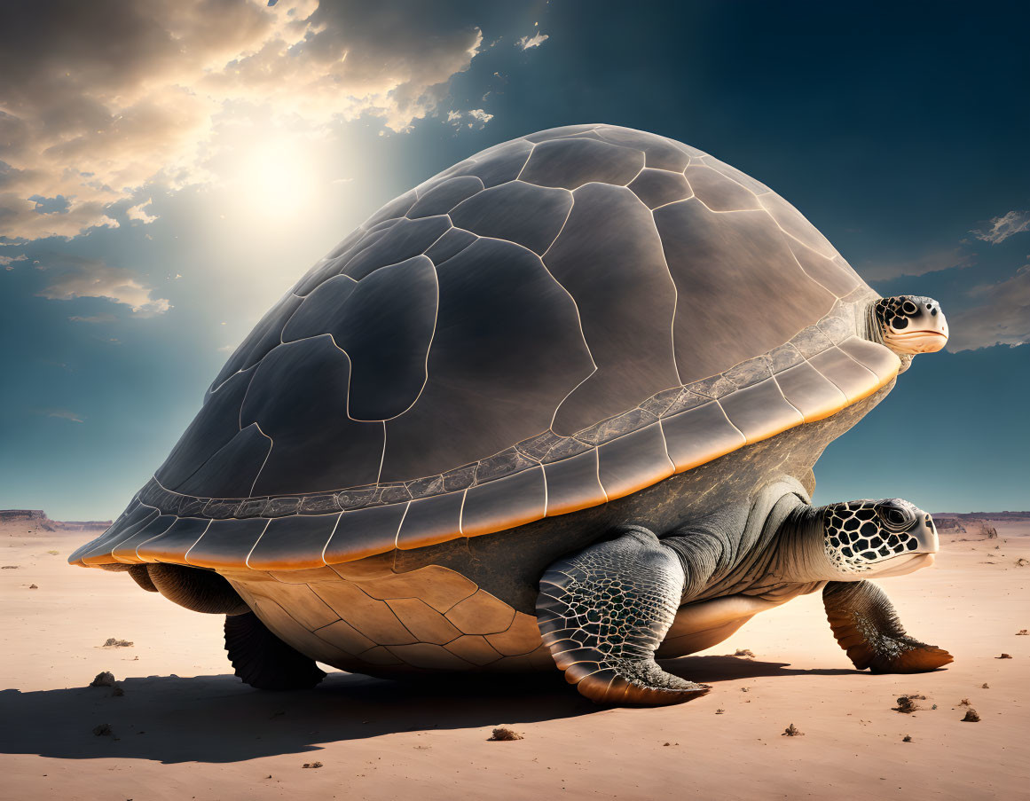 Detailed Shell Giant Tortoise Crossing Sandy Desert Under Blue Sky