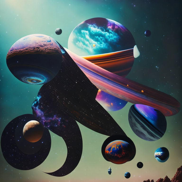 Vividly colored planets and rings in surreal cosmic scene