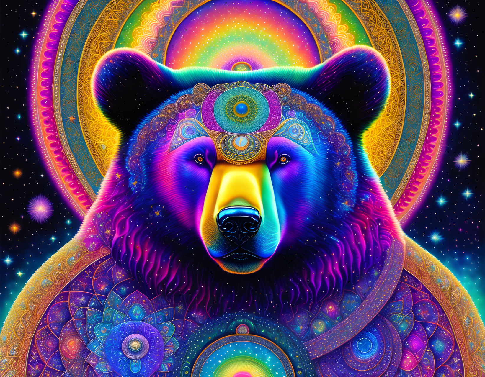 Colorful Psychedelic Bear Artwork with Cosmic Patterns