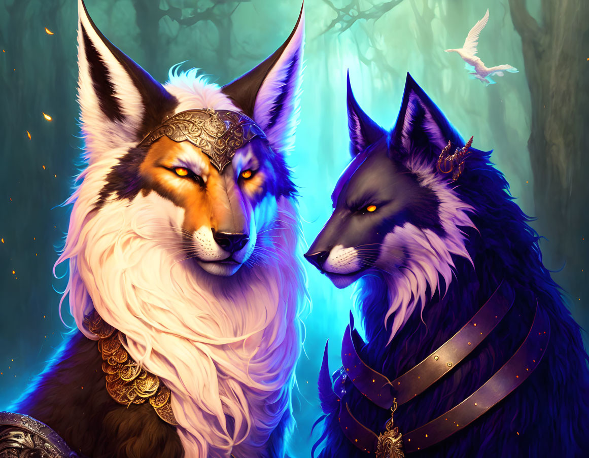 Anthropomorphic foxes with ornate headgear in mystical forest with glowing particles and white bird flying