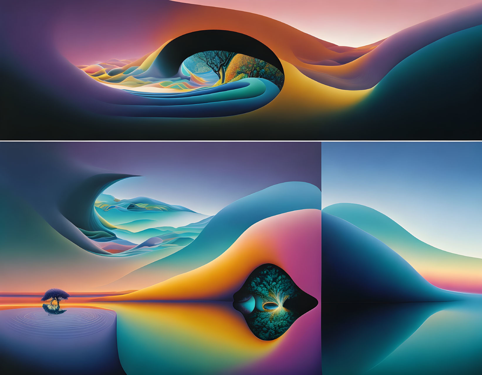 Surreal triptych landscapes with vibrant colors and flowing shapes