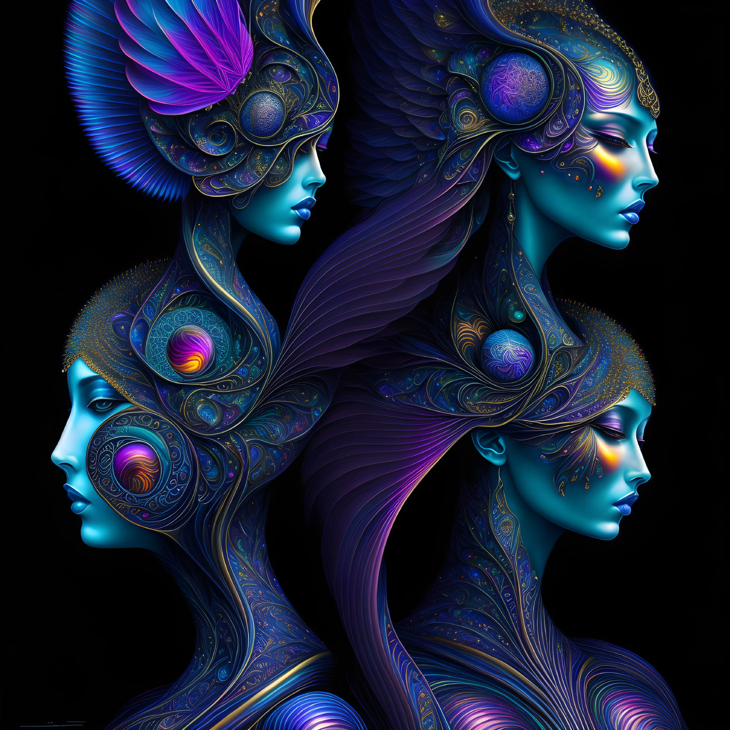 Four vibrant female portraits with elaborate headpieces merging on dark background