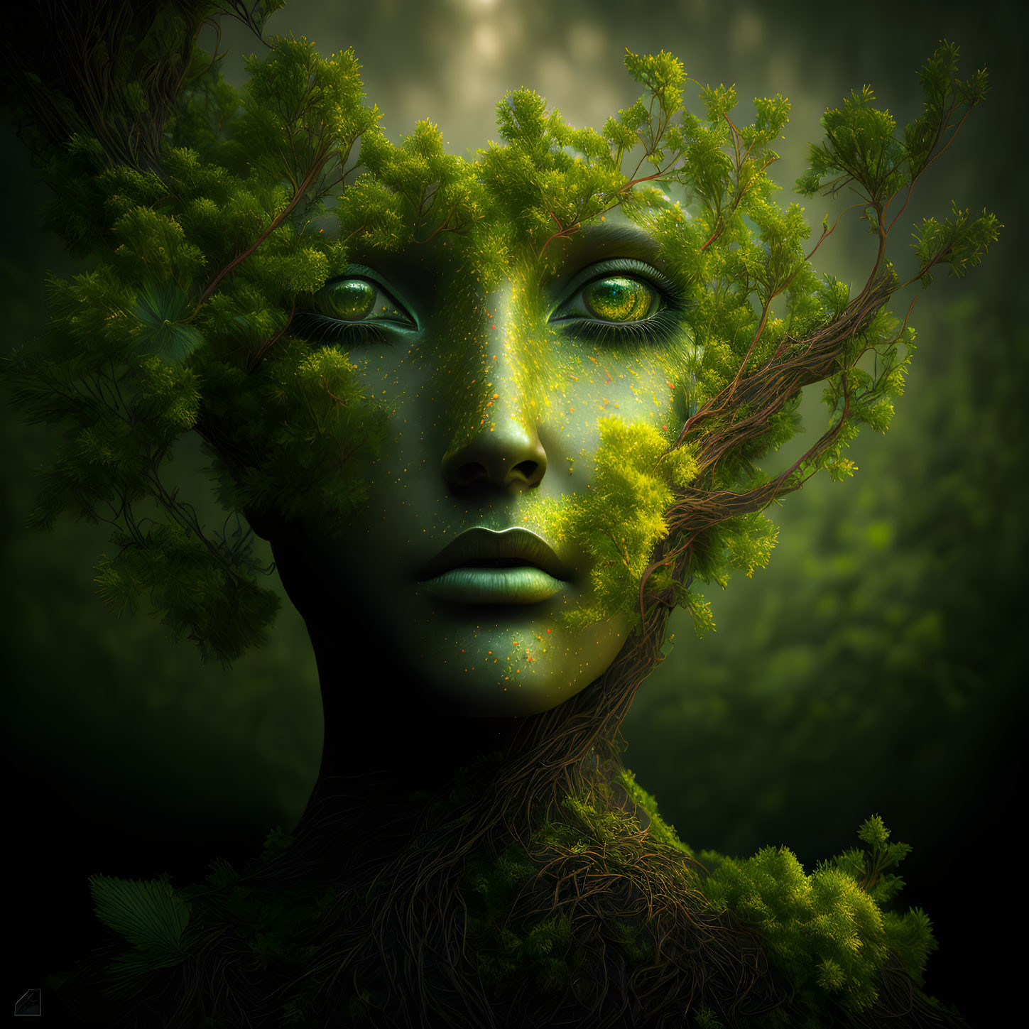 Surreal portrait of figure with green skin and tree branches for hair