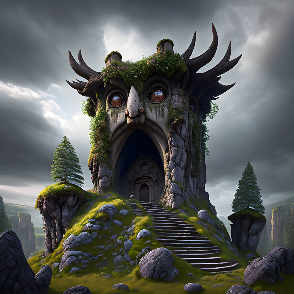 Mystical building with owl-like facade and antlers, surrounded by greenery on rocky landscape under