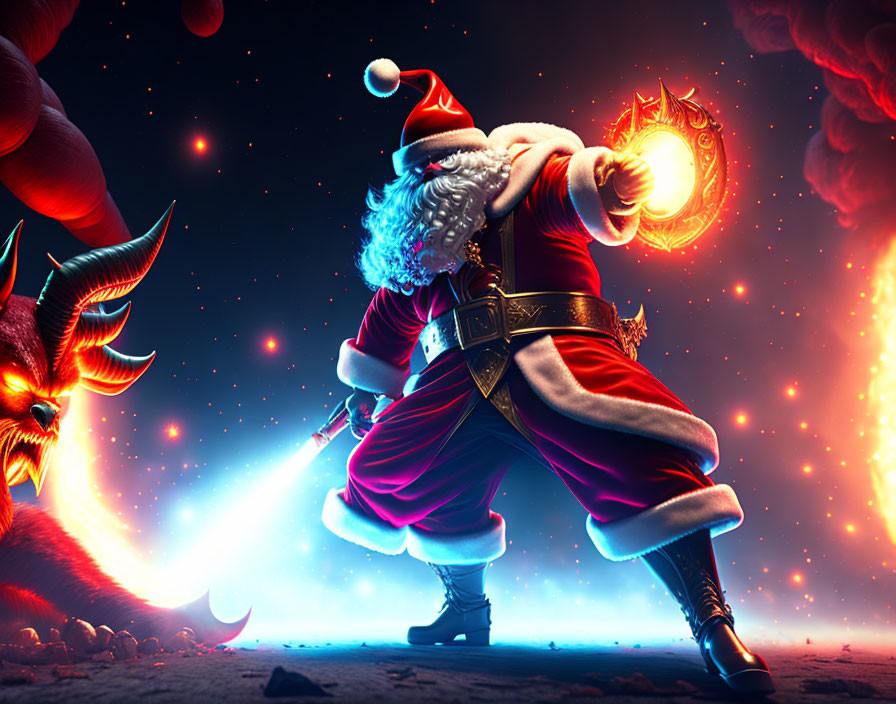 Santa Claus with sword and shield battles fiery-winged creature in cosmic scene