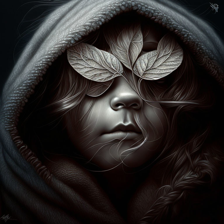 Monochromatic digital artwork of person with leaves over eyes in textured hood