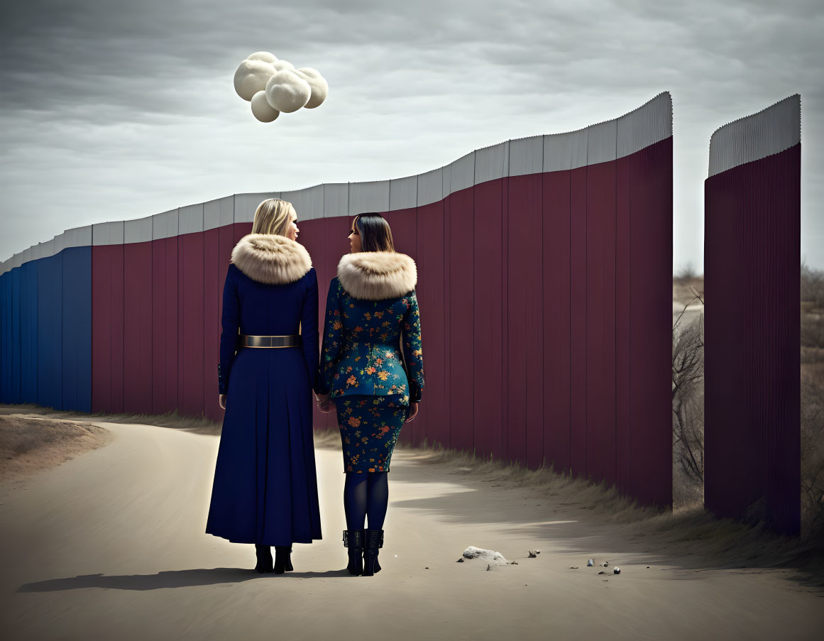 Two People in Fur-Collared Coats Standing by Red Wall with Floating Clouds