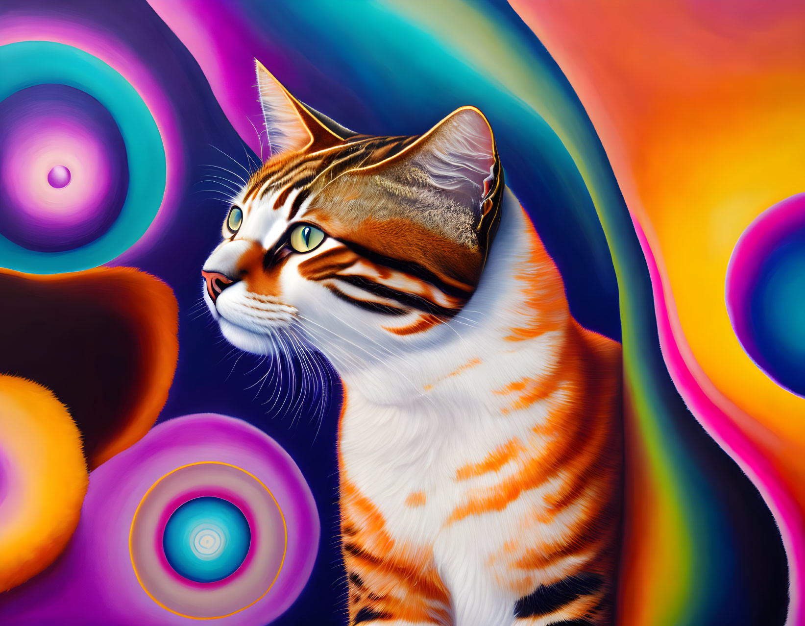 Colorful Cat Illustration with Orange Stripes on Psychedelic Background