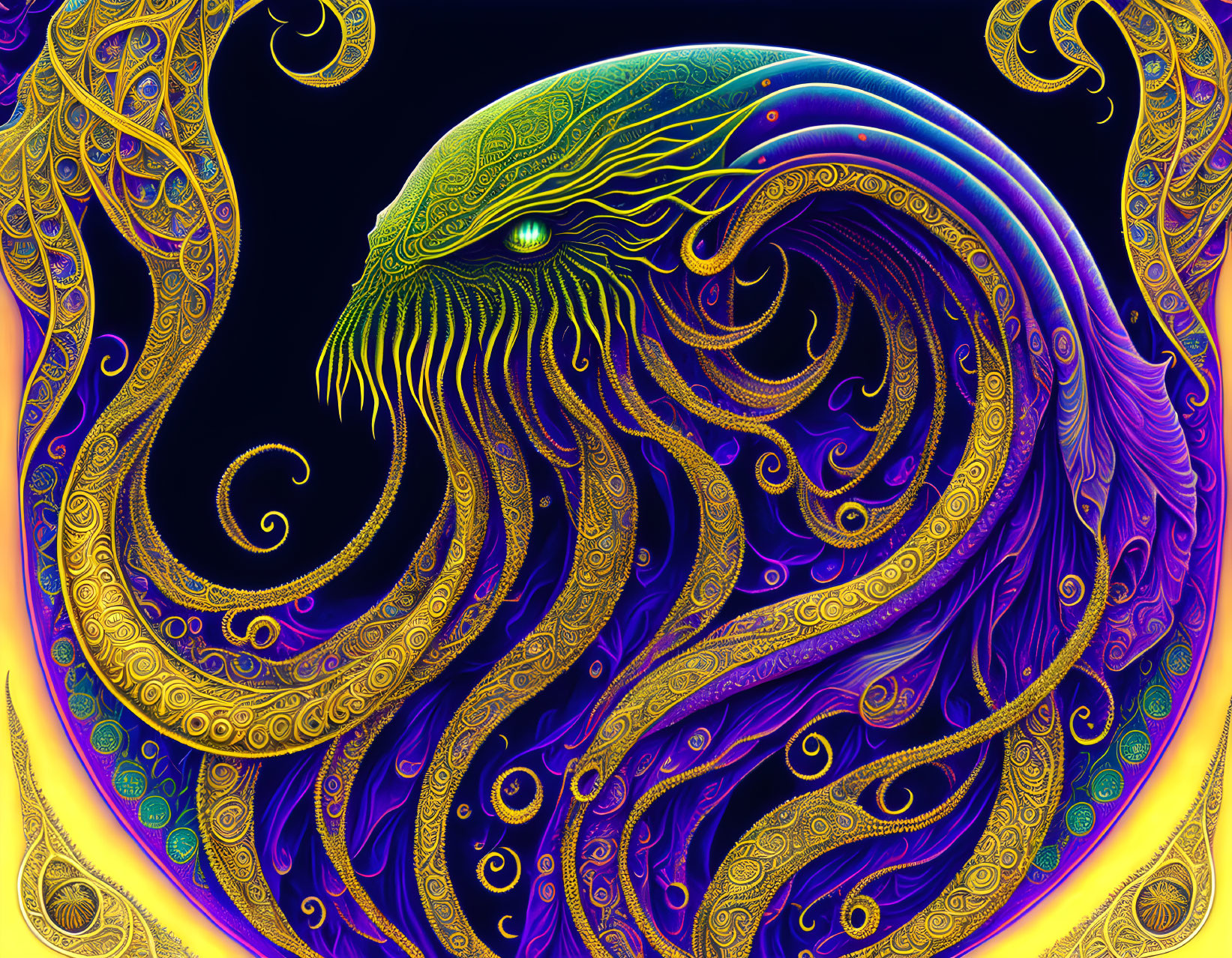 Colorful digital artwork of stylized ornate wave with cephalopod-like qualities