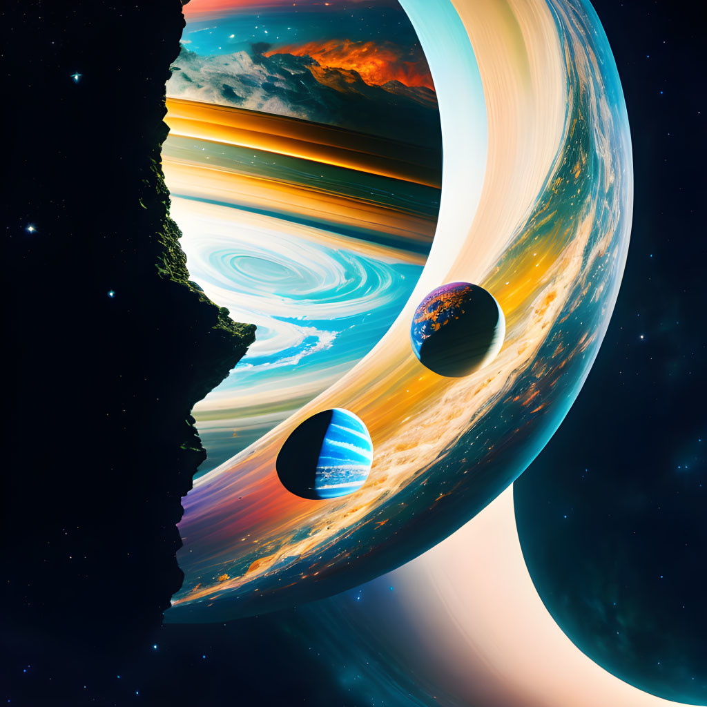 Colorful surreal cosmic art: Sliced Saturn planet, vibrant colors, dynamic textures