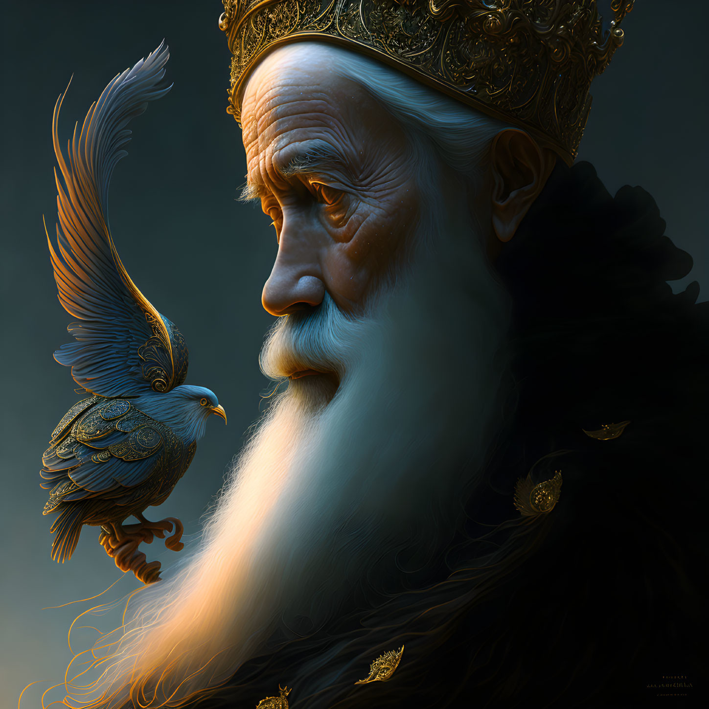 Elderly king with crown and white beard holding a blue bird