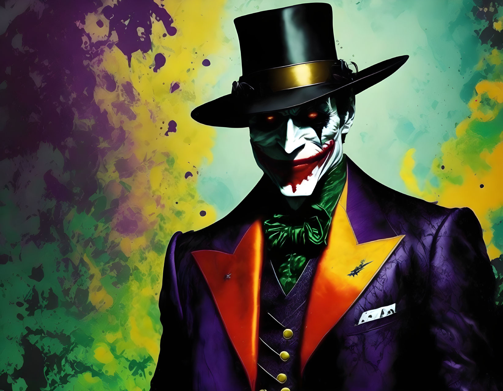 Stylized Joker in Top Hat & Purple Suit on Colorful Background