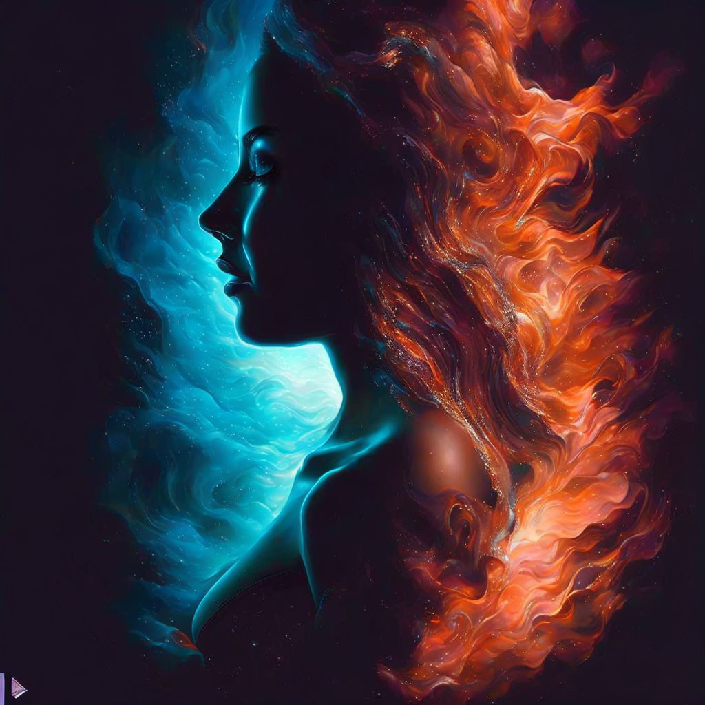 Vibrant blend of fiery orange and cool blue tones on a woman's profile against dark background