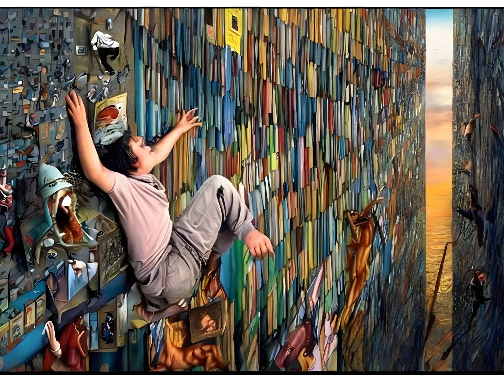 Person climbing wall of books with surreal elements and vast landscape.