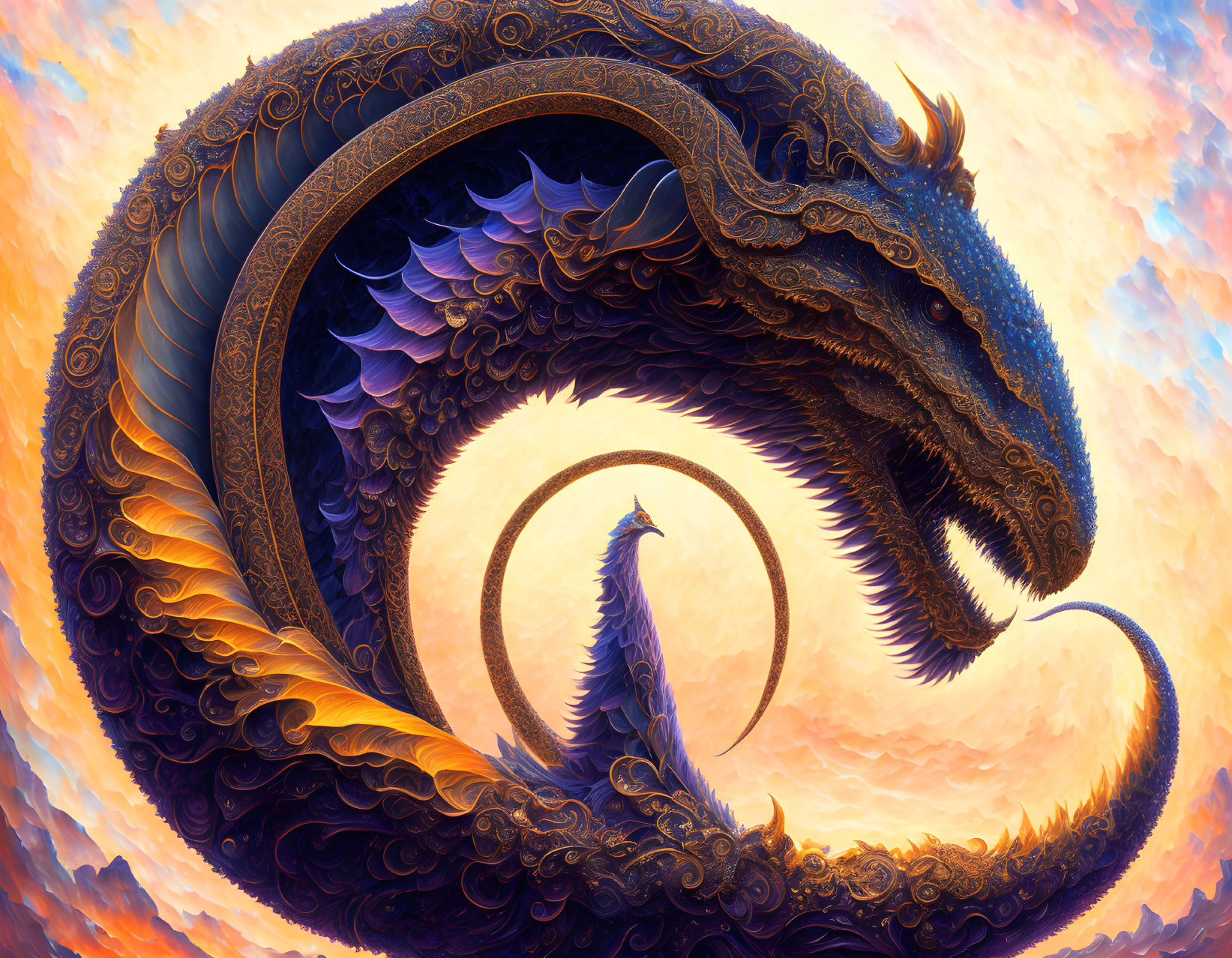 Colorful Ornate Dragon in Circular Shape on Swirling Sky Background