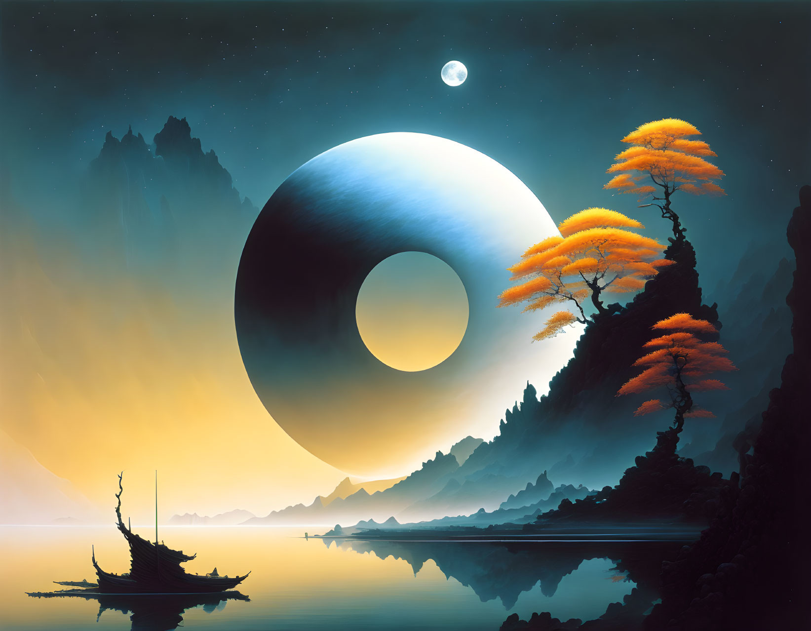 Surreal landscape with yin-yang symbol, orange trees, boat, moon in starry