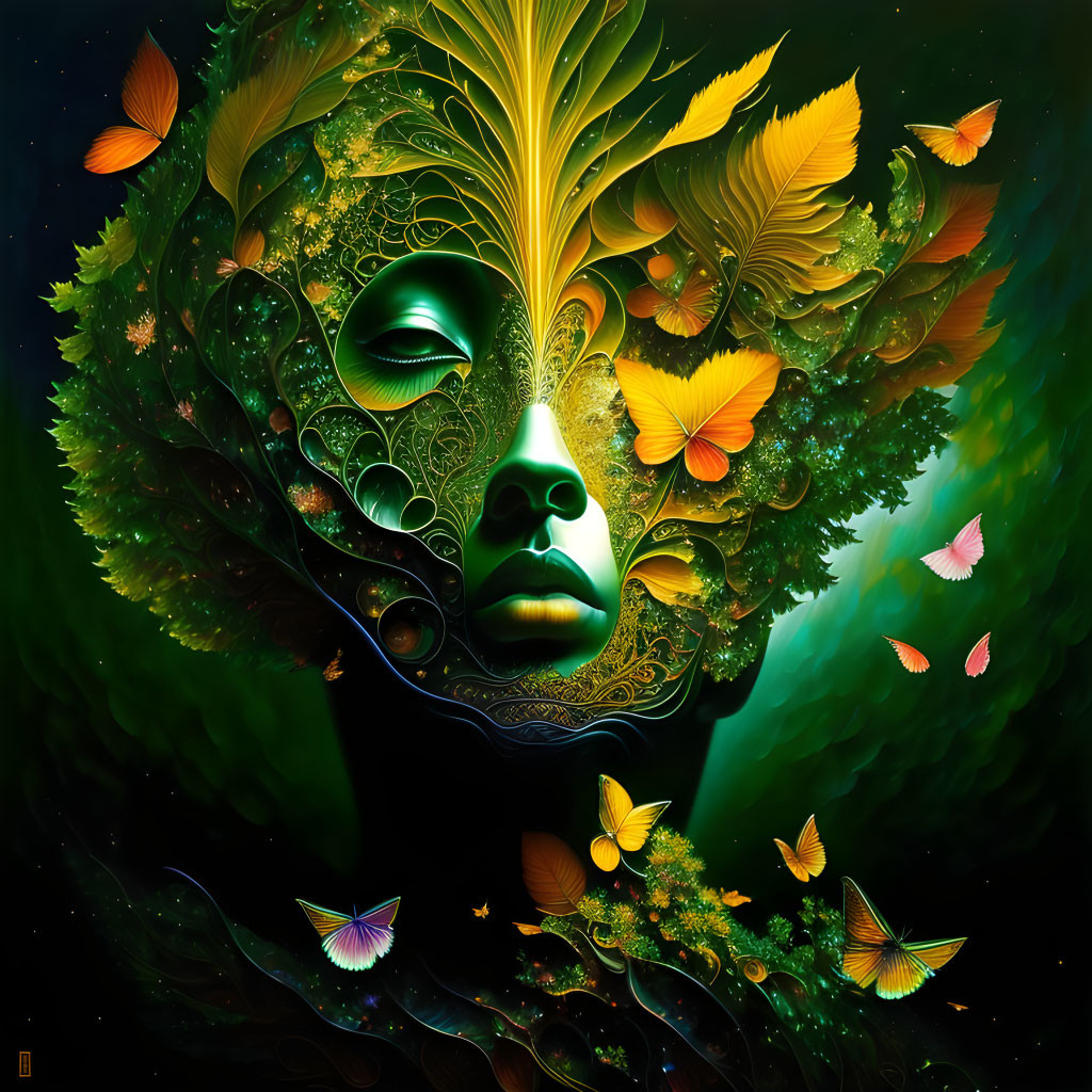 Colorful Butterfly Artwork with Serene Face and Leaf Hair on Dark Background