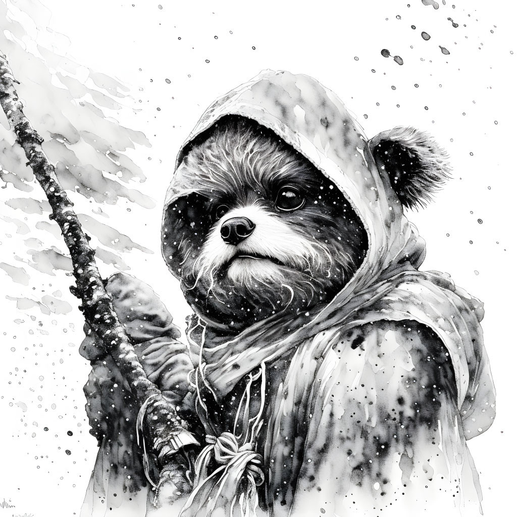 Monochrome illustration of Ewok in cloak with spear and rain backdrop