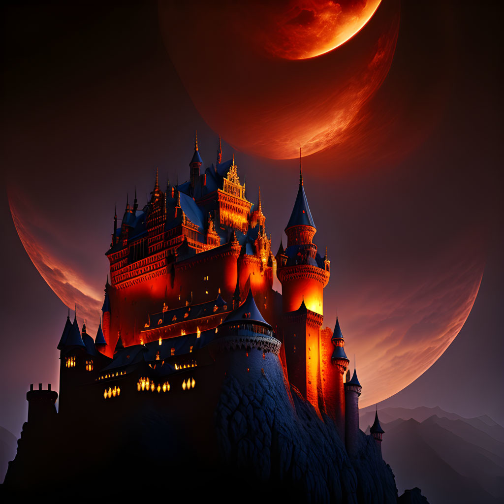 Majestic fantasy castle on mountain with red moon in dusky sky