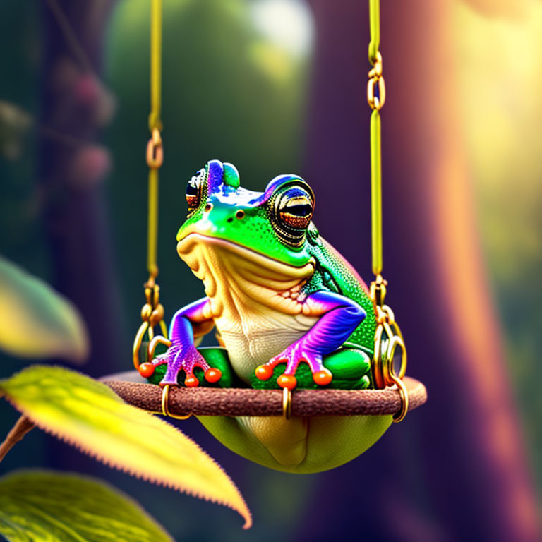 Colorful stylized frog on swing in vibrant hues amid sunny natural backdrop