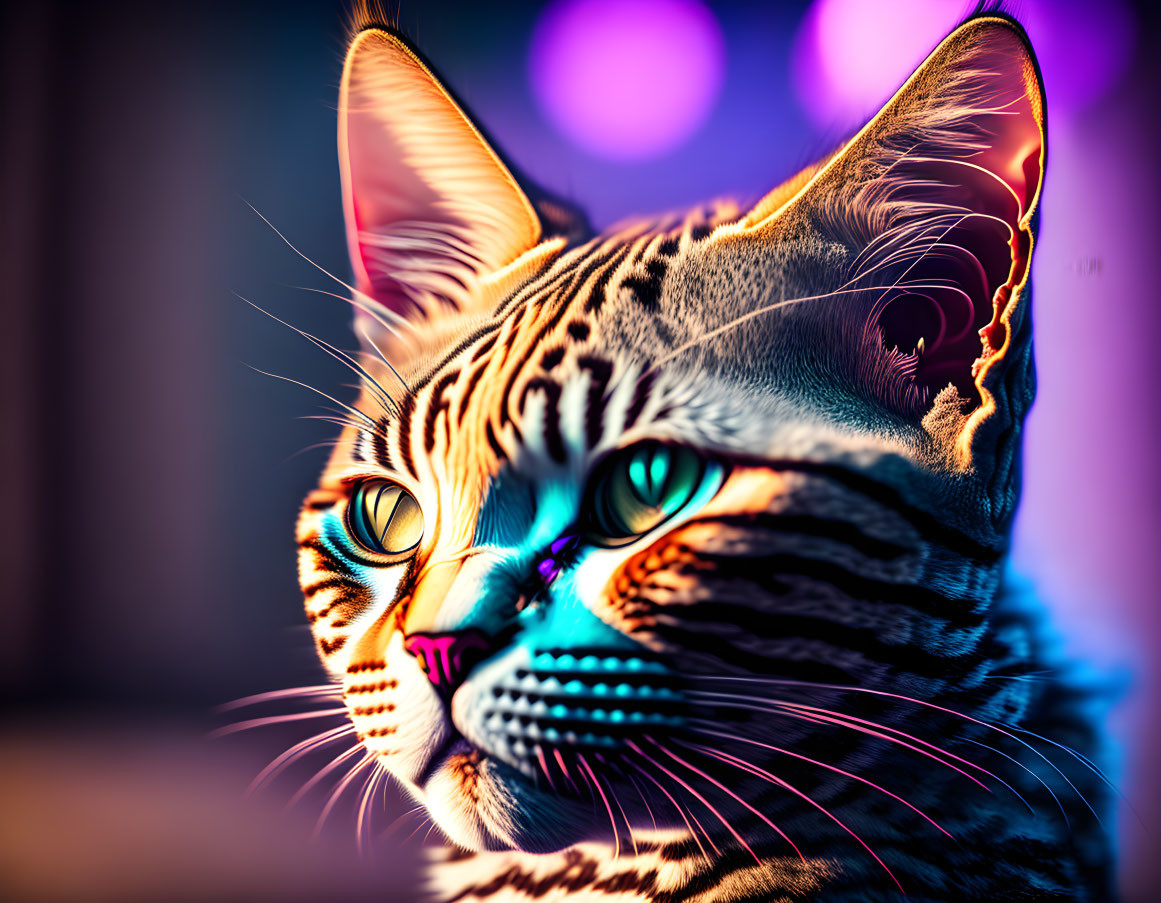 Colorful Digital Artwork: Cat with Green Eyes and Patterned Fur on Purple and Blue Bokeh