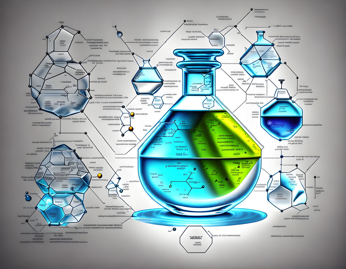 Colorful Chemistry Illustration with Flask and Molecular Structures