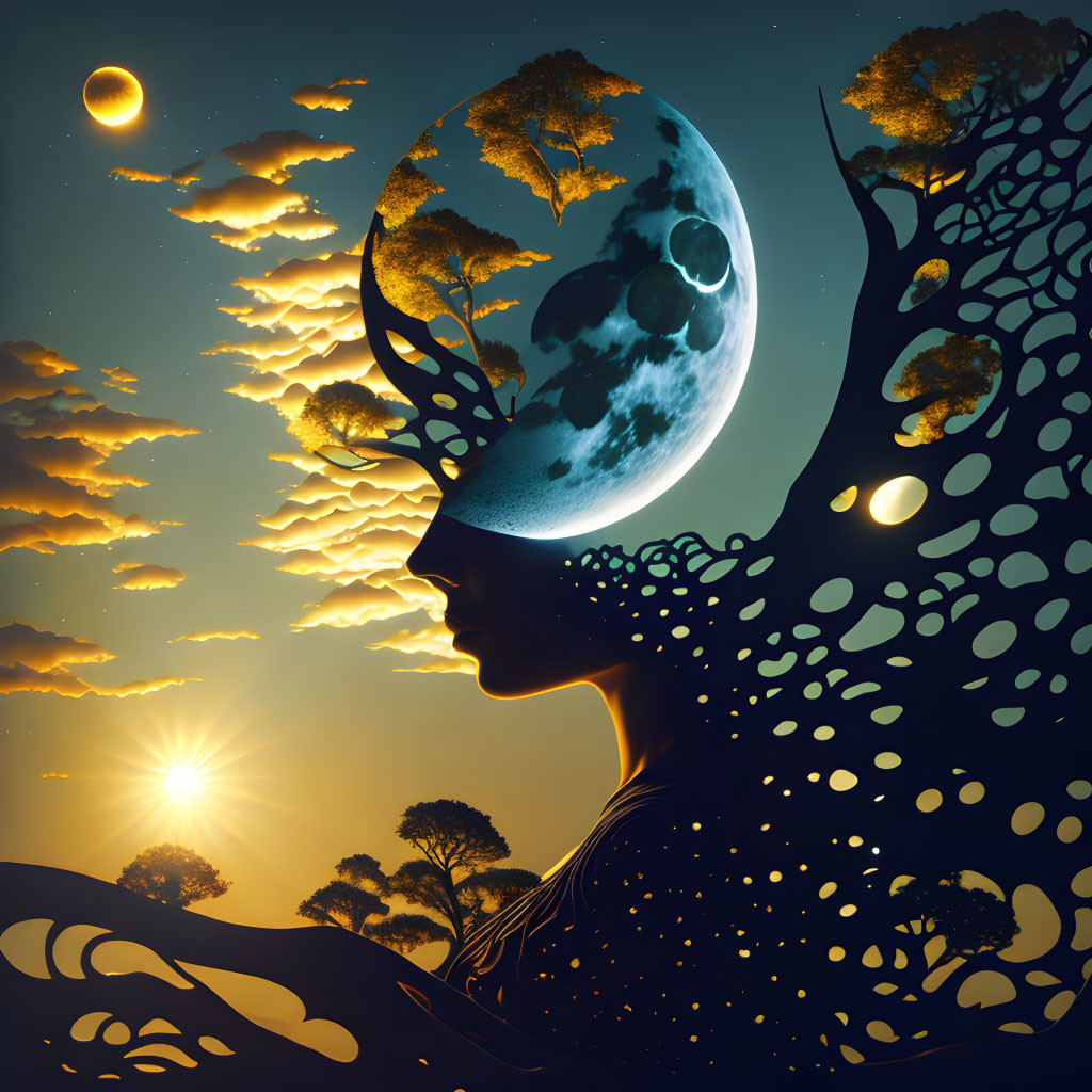 Artistic surreal illustration: woman's silhouette merges with tree under crescent moon in twilight sky.