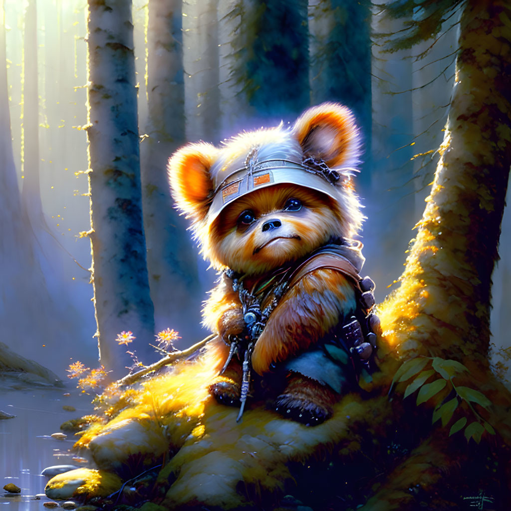 Cute furry creature in helmet and backpack in forest sunlight