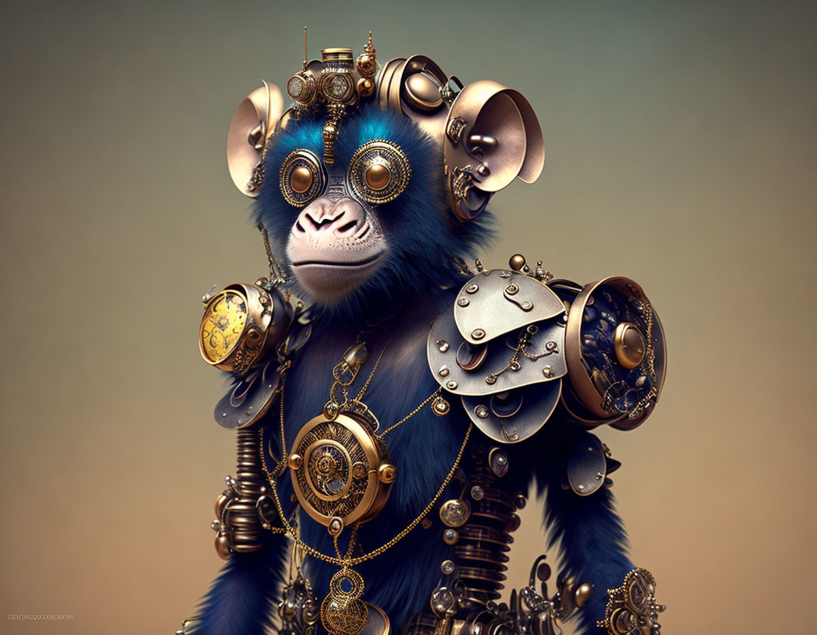 Steampunk-style digital art: Monkey with mechanical parts in bronze and gold