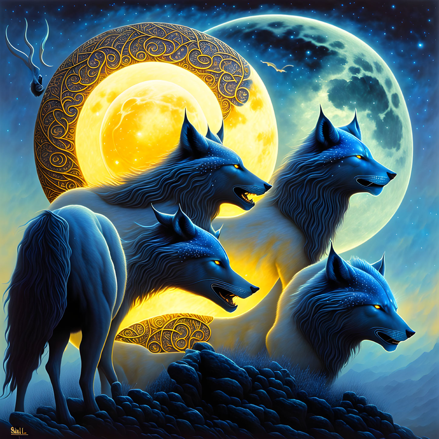 Mystical wolves with glowing blue eyes on rocky terrain under merging sun and moon.