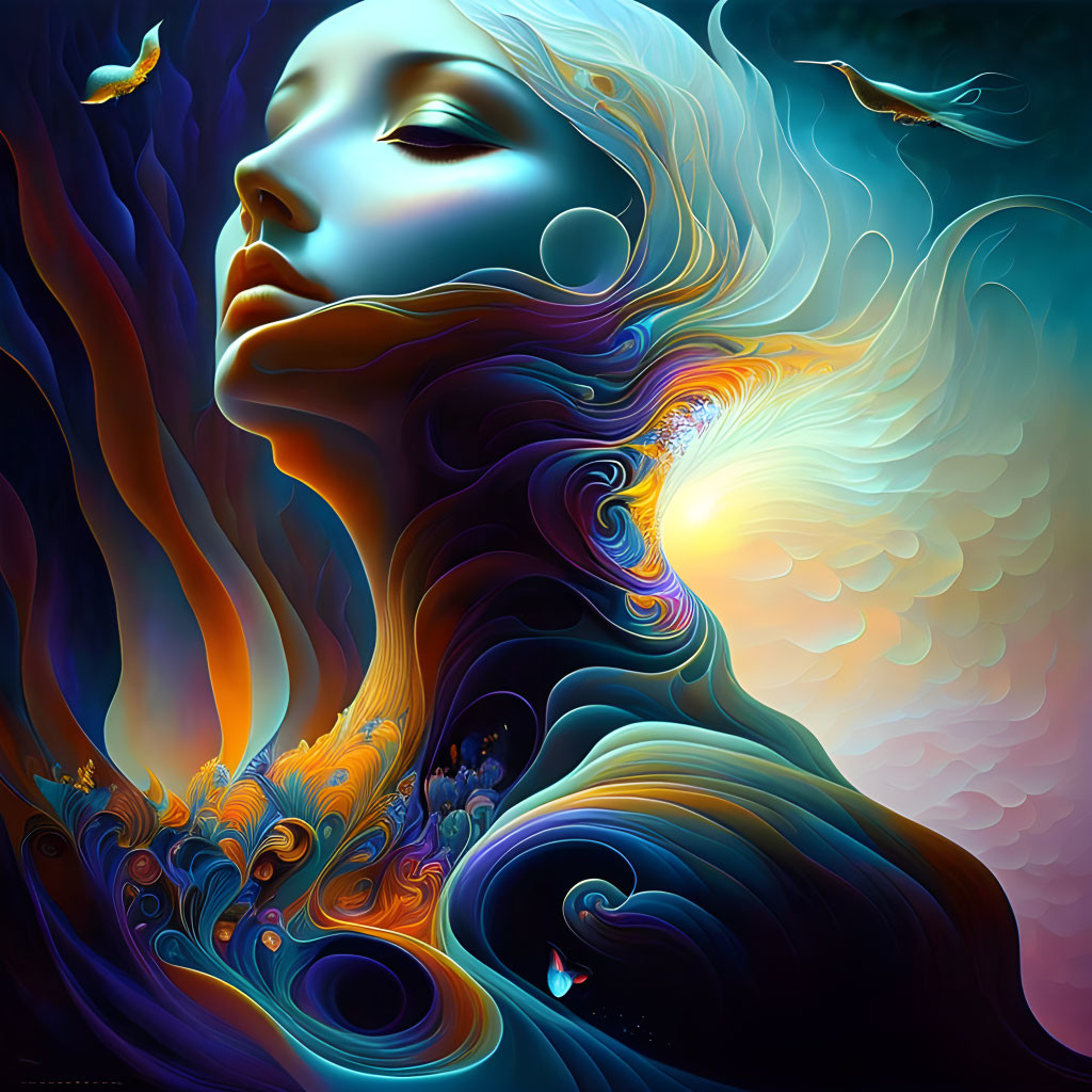 Vibrant digital artwork featuring woman's profile with flowing hair and bird.