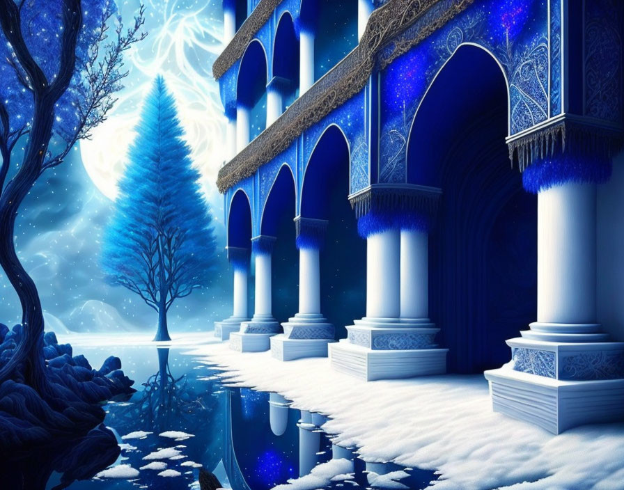 Architectural structure in blue and white with snow-covered ground, serene water, and ethereal tree