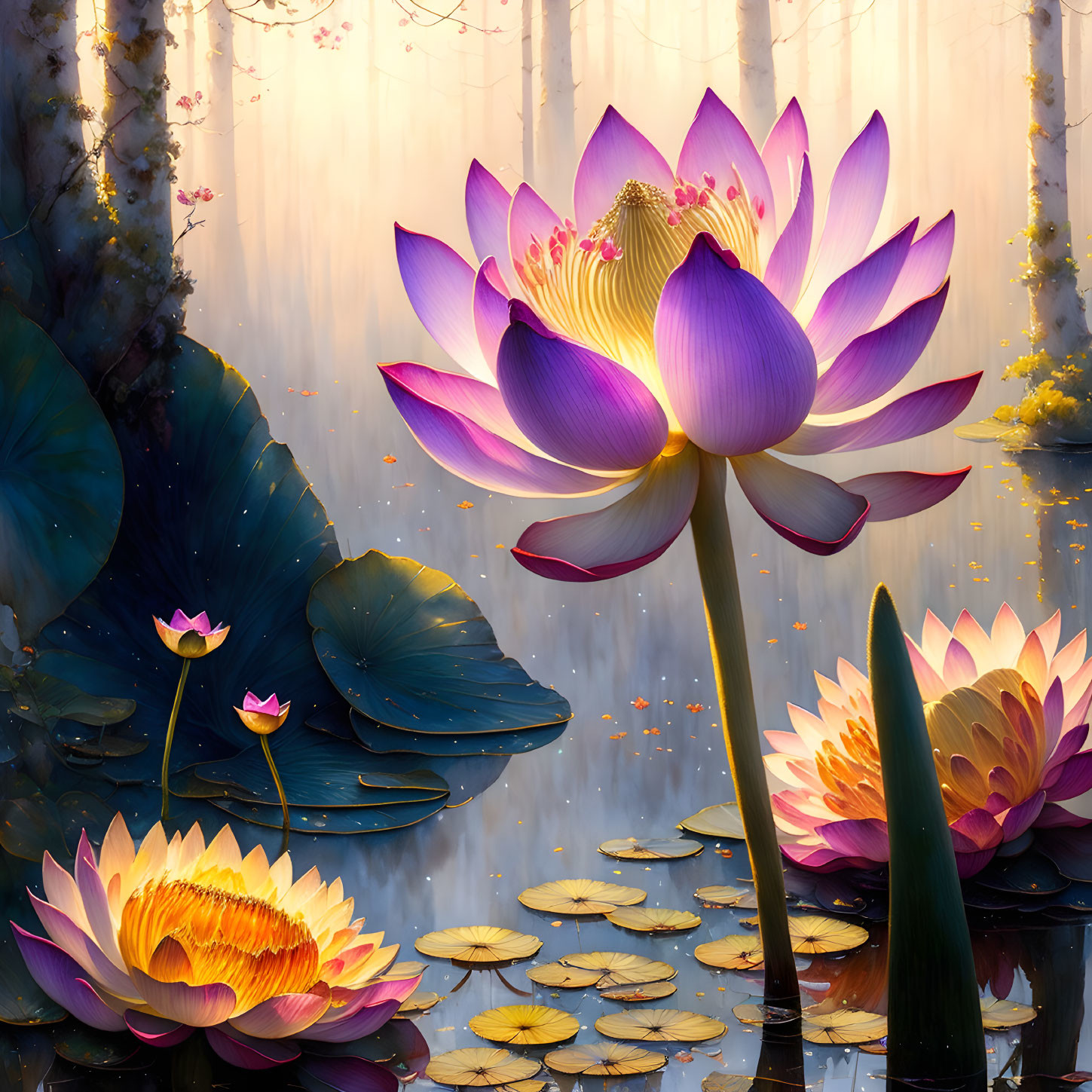 Vibrant digital art: Purple and pink lotus flower on serene pond