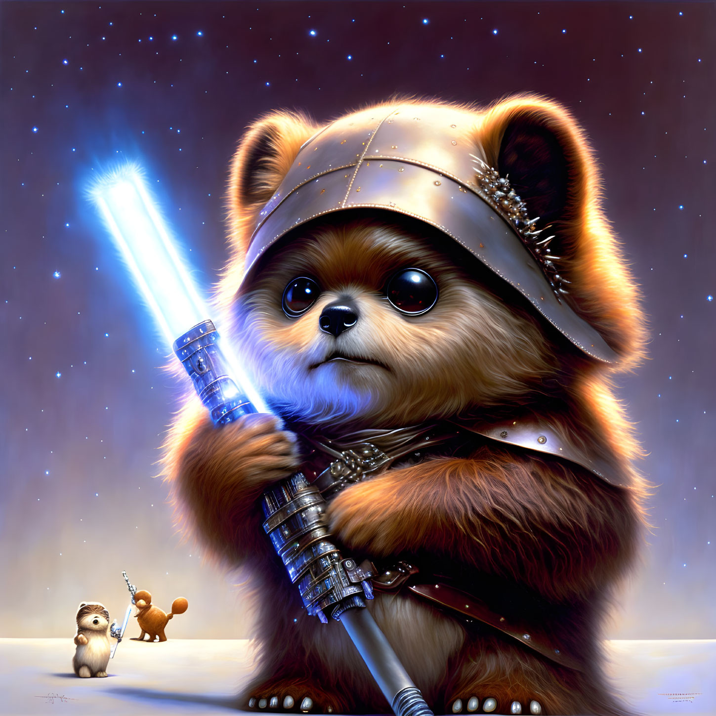 Anthropomorphic raccoon warrior with glowing sword and furry companions in starry sky.