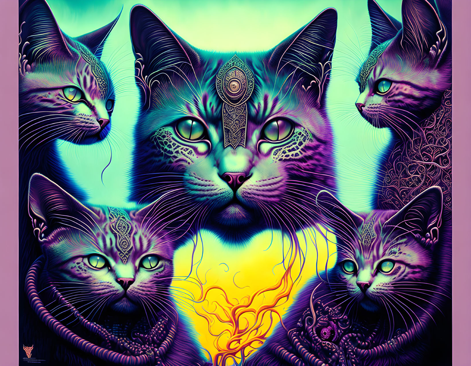 Colorful digital artwork: stylized cats with patterns and third eye, teal and yellow background