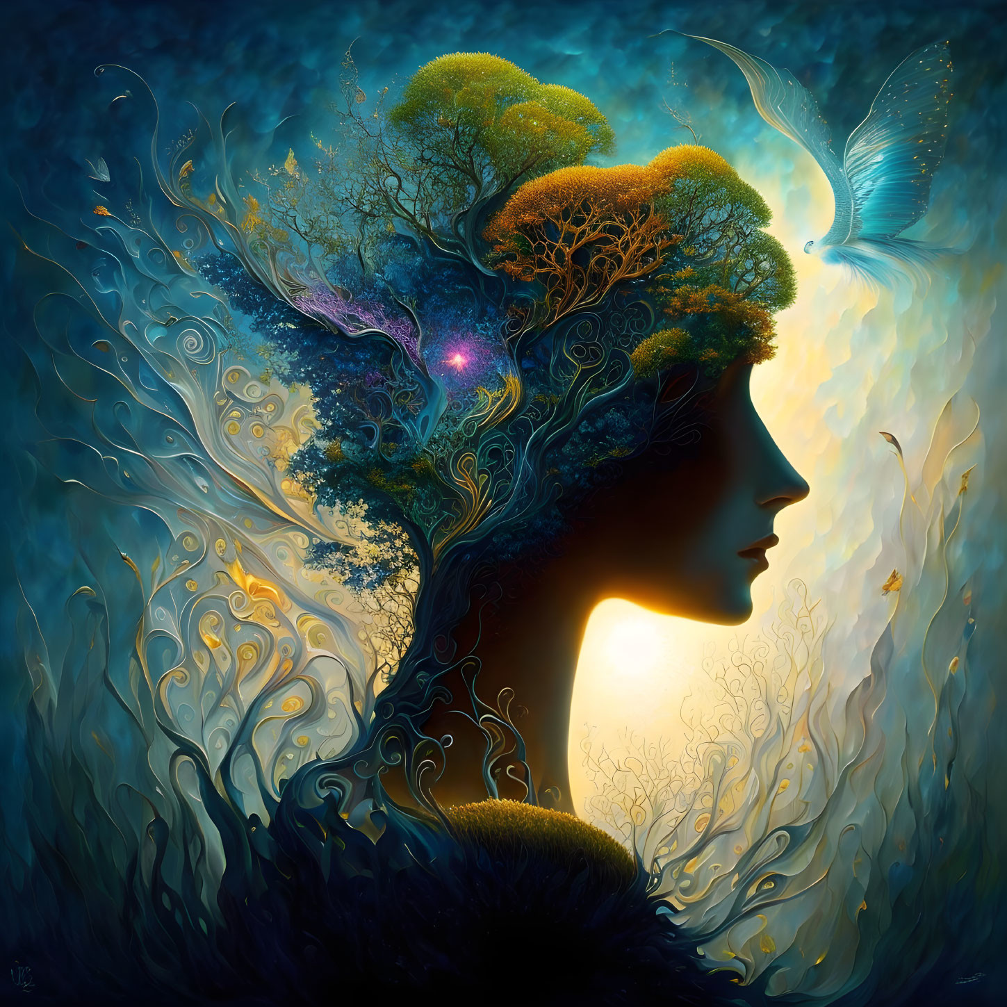 Surreal silhouette with tree hair, glowing butterflies, cosmic foliage, and luminous orb