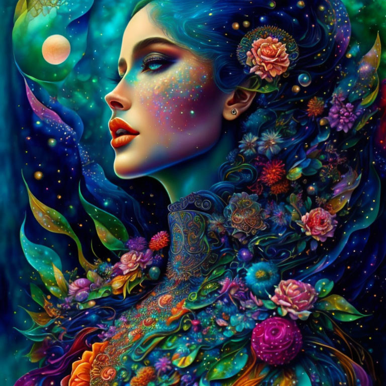 Colorful digital artwork of a woman with blue skin and nature elements in cosmic setting